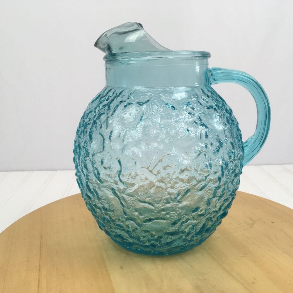 Anchor Hocking Lido Milano Aqua Blue Glass Ball Pitcher Ice Lip